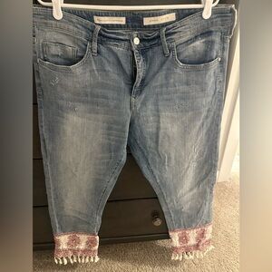 Pilcro and the Letterpress Blue Cropped Jeans with Embroidered Hem